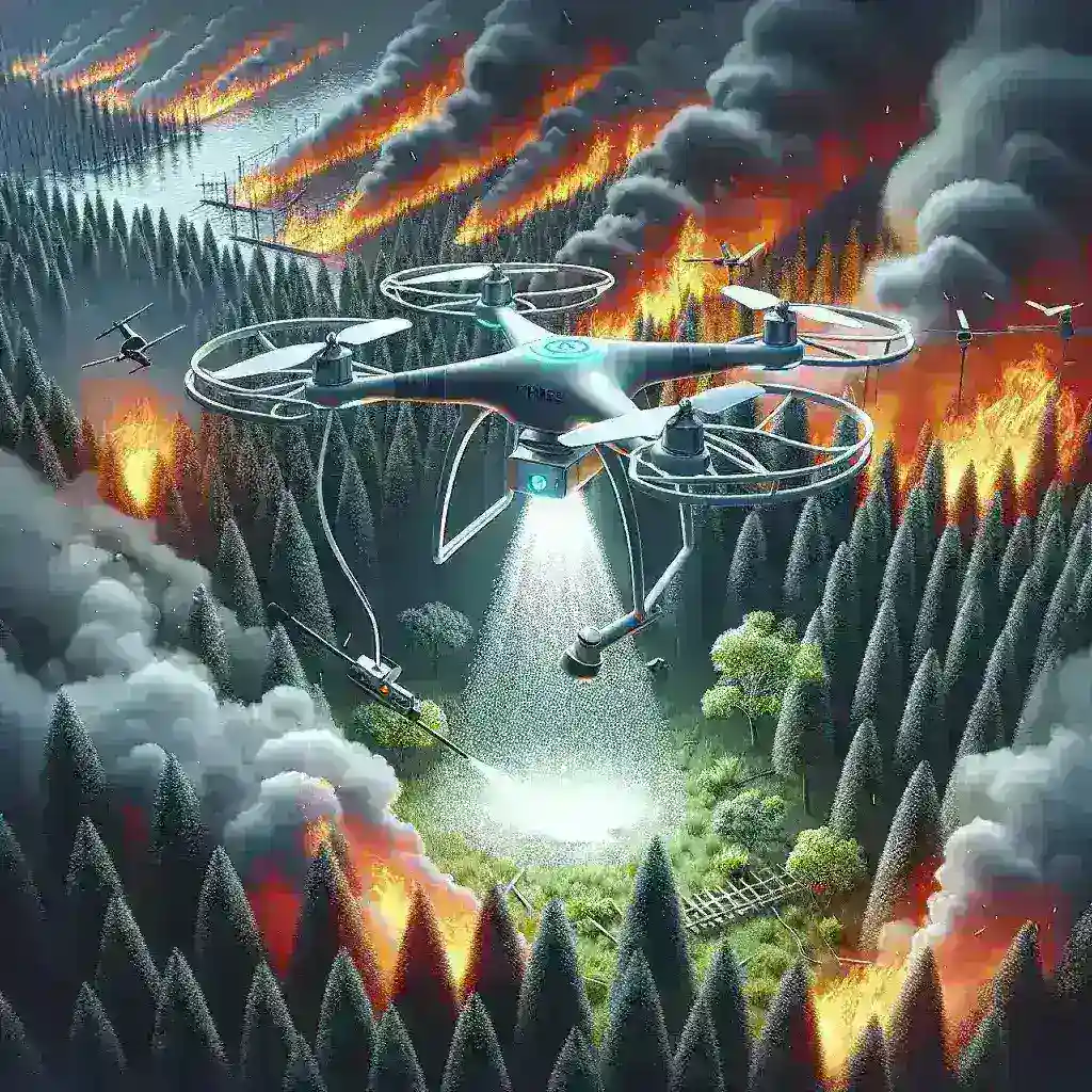 Alt text: "Drone sobrevoando área afetada por incêndio florestal, capturando imagens em tempo real para monitoramento e combate a incêndios, ilustrando a aplicação de tecnologia no controle de desastres naturais."