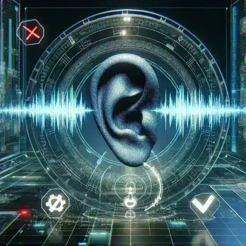 "Interface de software de IA analisando áudio para detecção de deepfakes auditivos, destacando ferramentas tecnológicas modernas."