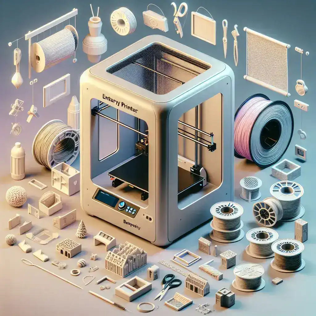 "Impressora 3D de entrada disponível no Brasil com peças e suporte, mostrando design moderno e acessórios para impressão, ideal para iniciantes."