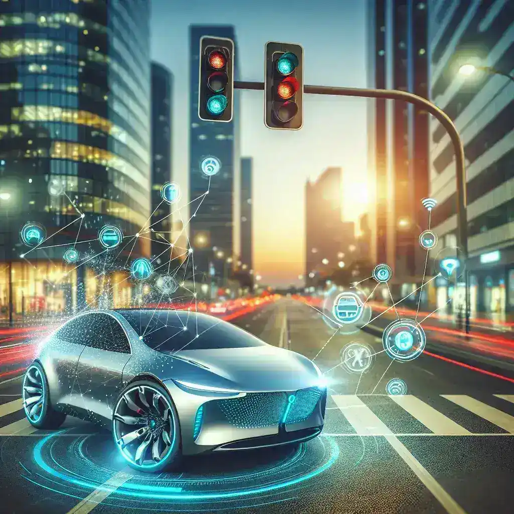 "Carro futurista interagindo com semáforo em uma cidade inteligente, ilustrando a tecnologia V2X que permite comunicação entre veículos e infraestruturas urbanas."