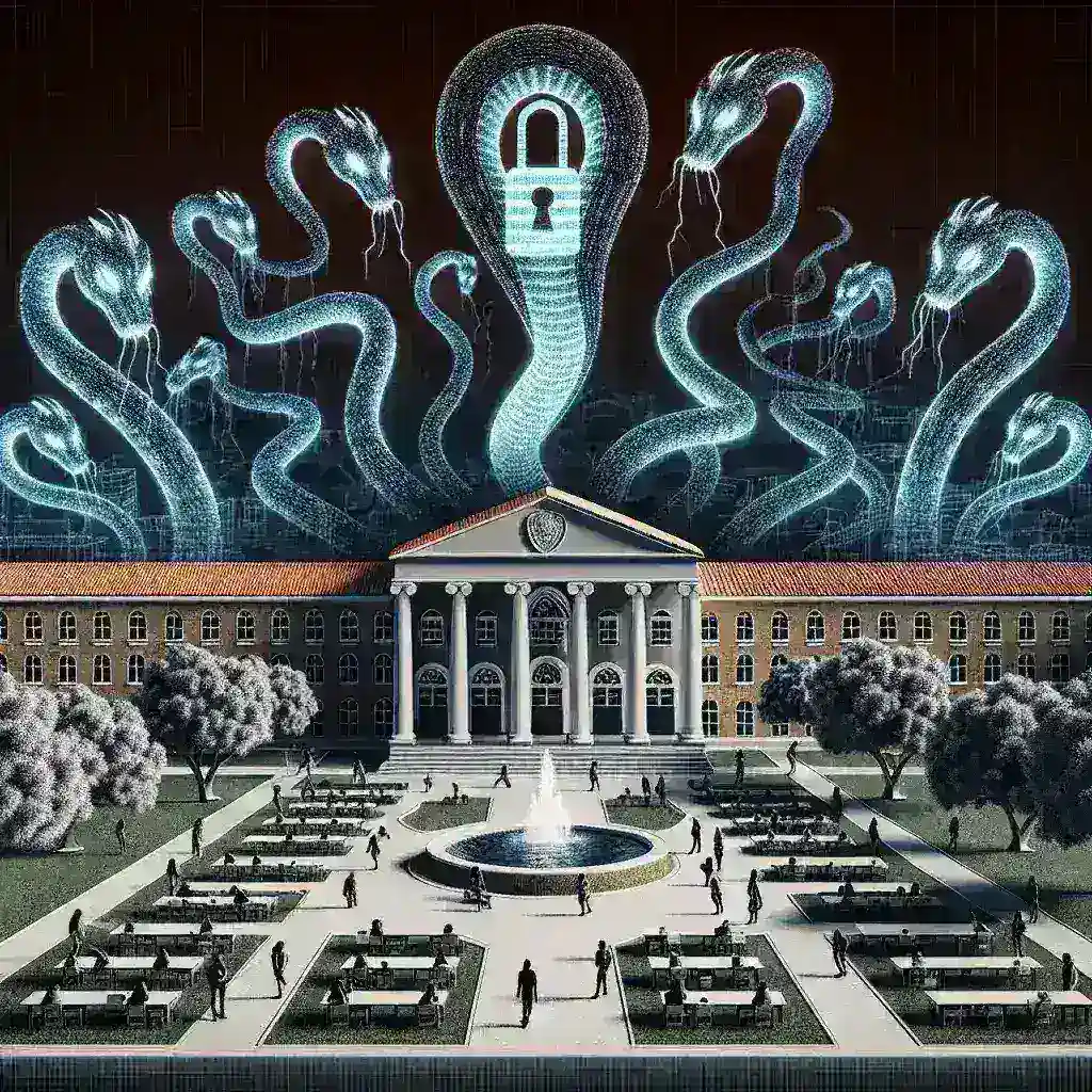 "Universidade afetada por ataque de ransomware suspende aulas presenciais - imagem de estudantes em frente ao campus fechado."