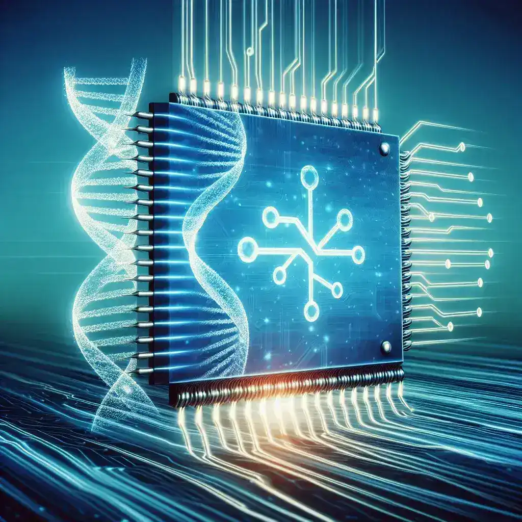 "Imagem de um laboratório moderno mostrando cientistas analisando exames genômicos com ferramentas de inteligência artificial, destacando como a IA acelera a pesquisa genética."