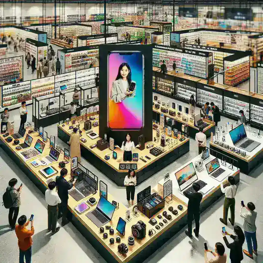 "Image of Carrefour's new technology product section highlighted during a live commerce event, showcasing a range of electronics and gadgets."