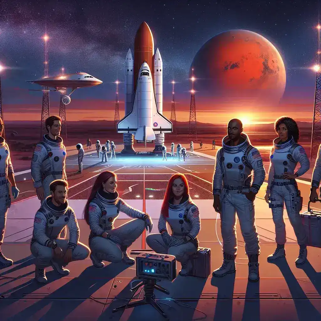 Alt text: "Ilustração conceitual da missão tripulada da NASA a Marte, prevista para 2040, mostrando astronautas na superfície marciana com um módulo de habitat e equipamentos de exploração."