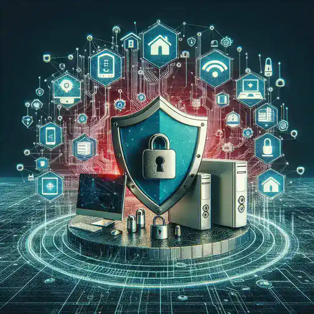 "Softwares de segurança digital para proteção de dispositivos IoT em residências, apresentados por empresas especializadas em segurança cibernética."